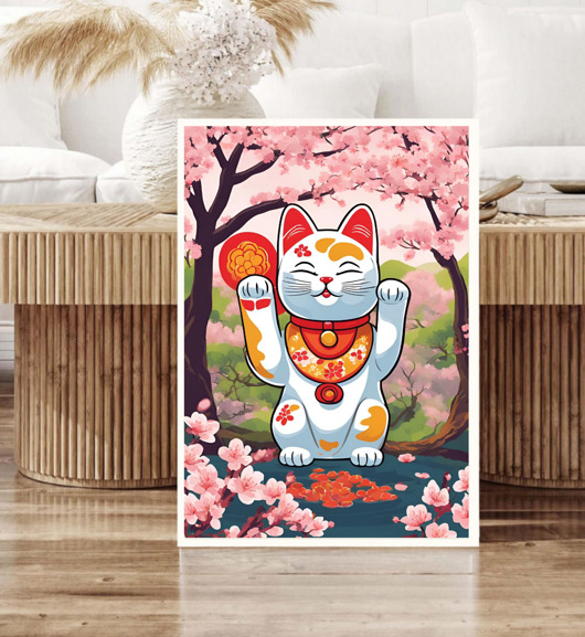 grafiki i ilustracje PLAKAT z kotem na szczęście , maneki neko grafika, japońska ilustracja