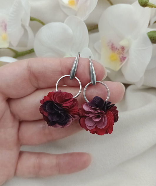 klipsy Kolczyki na lato różowe kwiatki mauve bordowe