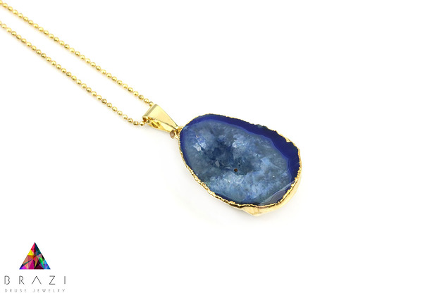 Colare Agat Geoda Niebieska złoto Brazi Druse Jewelry