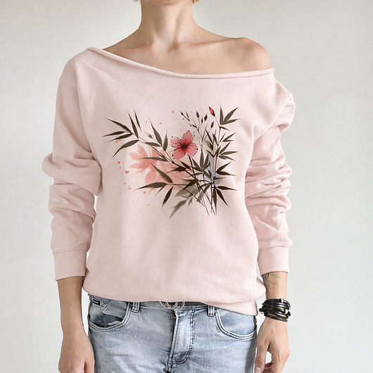 bluza bez kaptura damska Bluza Ciepły róż Bambus kwiaty