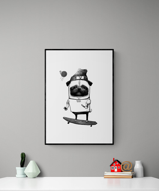 grafiki i ilustracje Duża grafika z Mopsem na longboardzie 50x70 cm