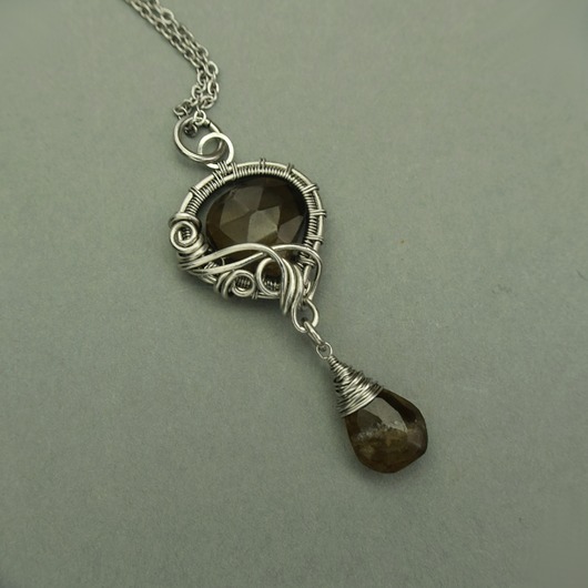 chokery Długi wisiorek kwarc dymny wire wrapping