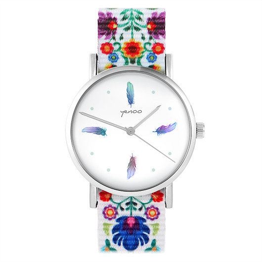 zegarki damskie Zegarek - Piórka turkus - folk biały, nato