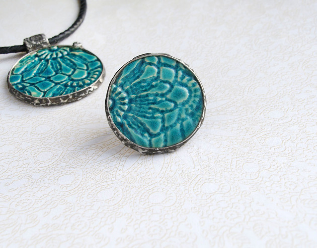 pierścionki - różne S A L E : koronkowy PIERŚCIEŃ gigant TURKUSOWY - unikat