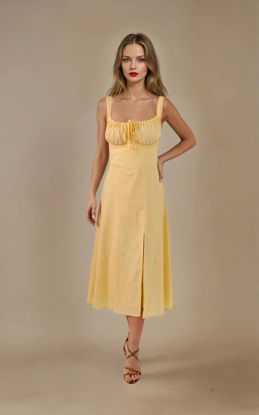 sukienki midi damskie Sukienka Livia - 100% naturalny len, żółta-cytrynowa