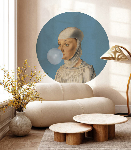 tapety i naklejki ścienne Dots Woman With Bubble Gum Blue - samoprzylepna tapeta w kształcie koła