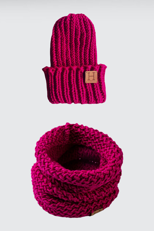 czapki damskie Komin i czapka z wełny merynosa handmade FUKSJA