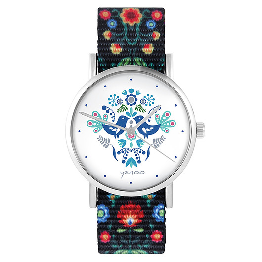 zegarki damskie Zegarek - Ptaki folkowe, blue - folk czarny, nato