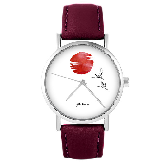 zegarki damskie Zegarek - Żurawie na tle słońca - skórzany, burgund