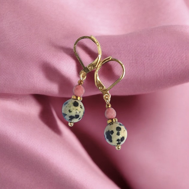 kolczyki z kamieniami Jaspis dalmatyński i rodonit : kolczyki krótkie