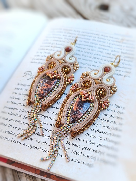 kolczyki soutache Kolczyki Vintage Cappuccino sutasz miedź rodzima piasek pustyni hematyt