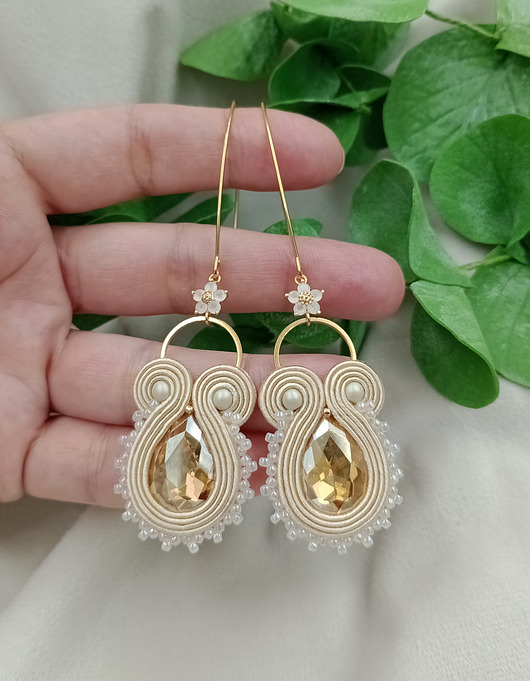 kolczyki soutache Ślubne złote kolczyki, śmietankowe kolczyki, kolczyki na ślub