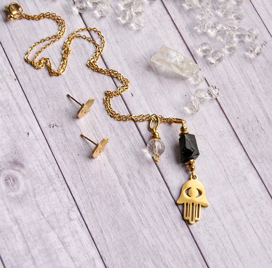 komplet biżuterii Modułowy komplet OCHRONA turmalin, hamsa : naszyjnik & kolczyki