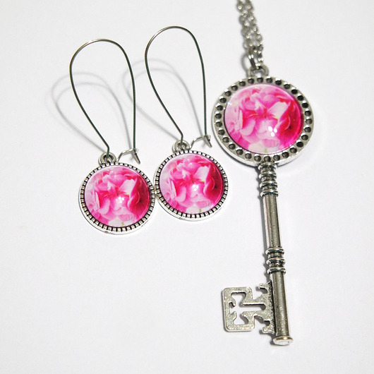 komplet biżuterii Naszyjnik klucz i kolczyki  - Różowa pelargonia