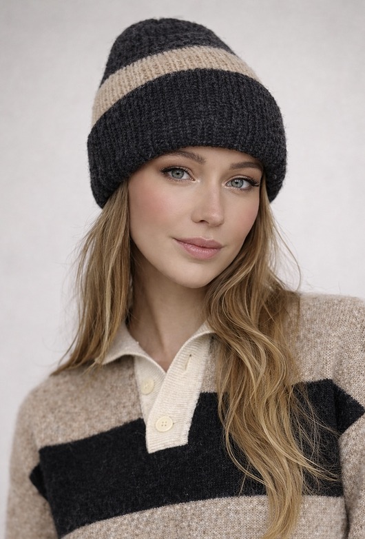 czapki damskie Czapka Mila beanie paski podwójne ocieplenie baby alpaka wełna merino