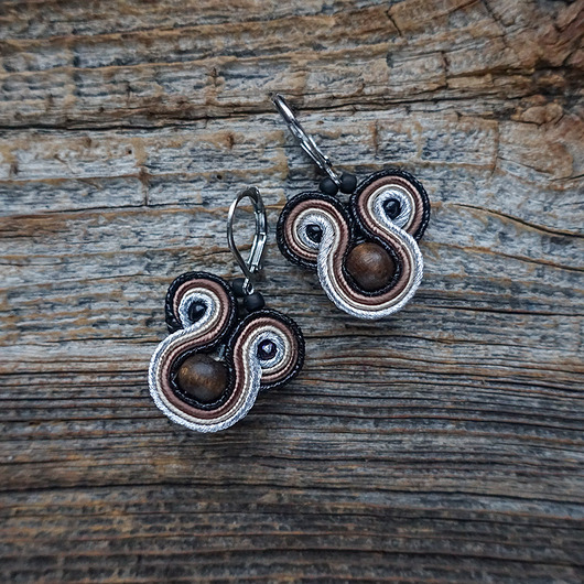 kolczyki soutache Malutkie  brązowo - szare  kolczyki sutasz