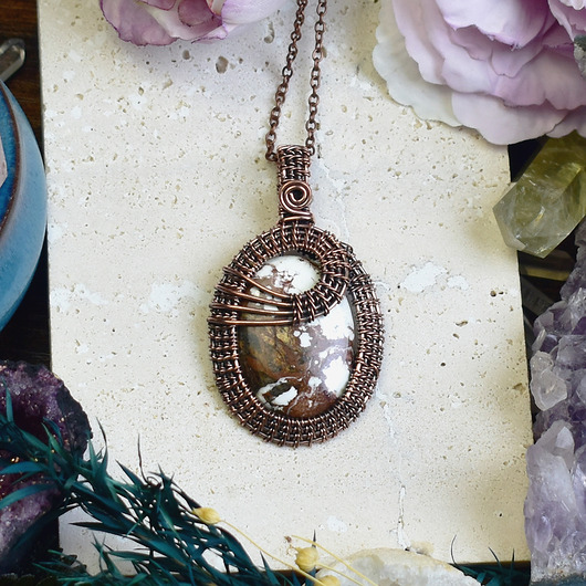 wisiory Miedziany wisiorek wire wrapping z jaspisem Wild Horse