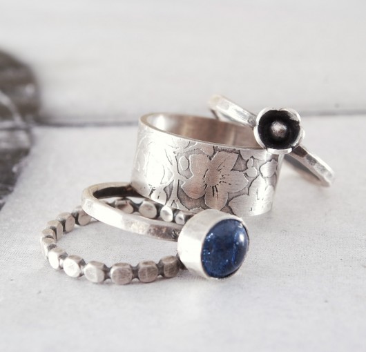 SET OF 4 + BLUE - zestaw pierścionków srebrnych Dorota Oyrzanowska