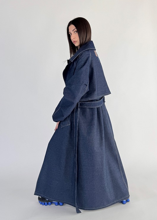 płaszcze damskie Trencz maxi oversize denim dark blue