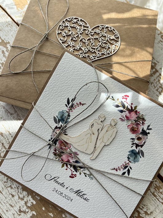 zaproszenia i kartki na ślub Rustykalna kartka na ślub ręcznie robiona z personalizacją