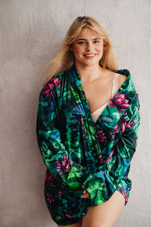 szlafroki damskie Aksamitne KIMONO domowe/ narzutka, autorski print  nenufary i ważki