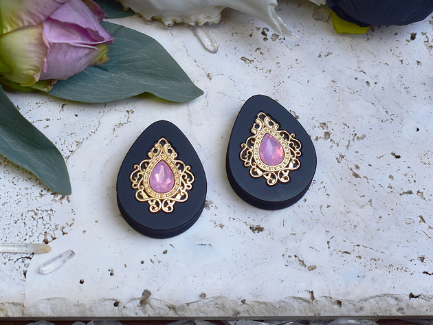 biżuteria różna Tunele do uszu 34-60mm / łezki z wiktoriańską ozdobą i kryształkiem