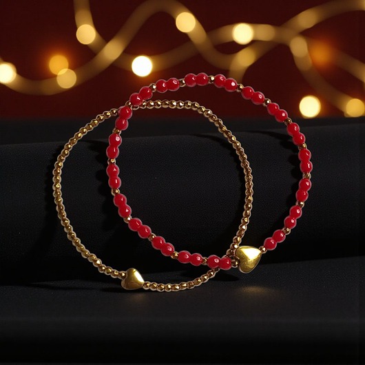 bransoletki z kamieni naturalnych Komplet czerwono-złoty : bransoletki z serduszkami : na prezent