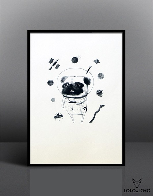 Duża grafika z Mopsem w kosmosie 50x70 cm Friedman Jewelry
