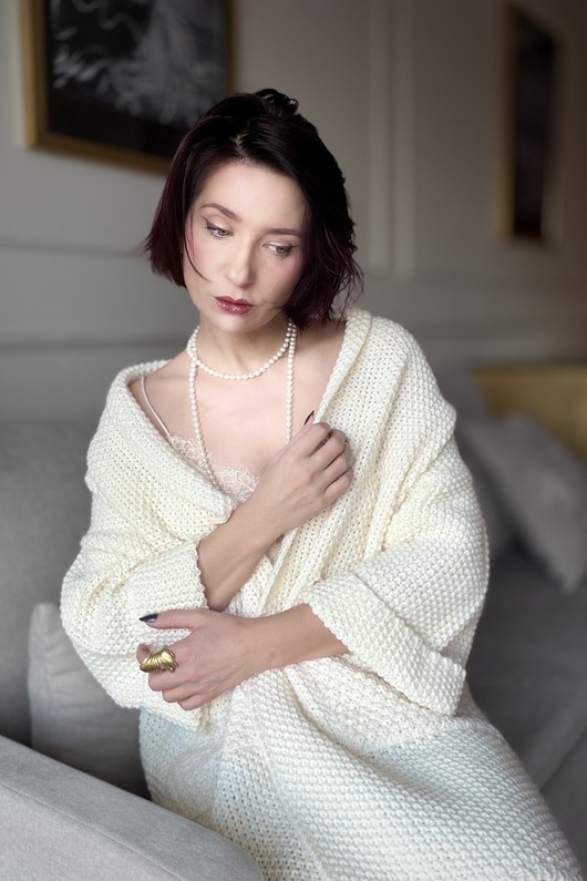 kardigany damskie Obszerny kardigan z szalowym kołnierzem i kieszeniami, ecru