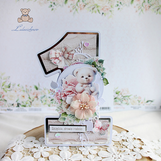 kartki scrapbooking Kartka cyferka jedynka na roczek z misiem GOTOWA