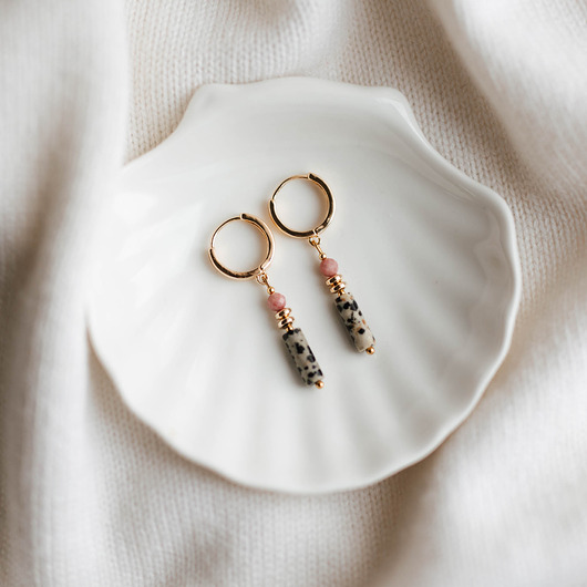 kolczyki pozłacane Artystyczne, kolorowe pozłacane z jaspisem dalmatyńskim i rodonitem