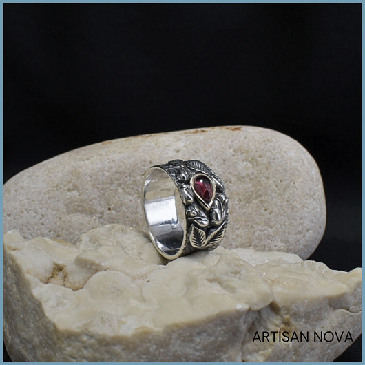 pierścionki srebrne Pierścionek Obrączka ze Srebra, Złota i Granatu. r.15