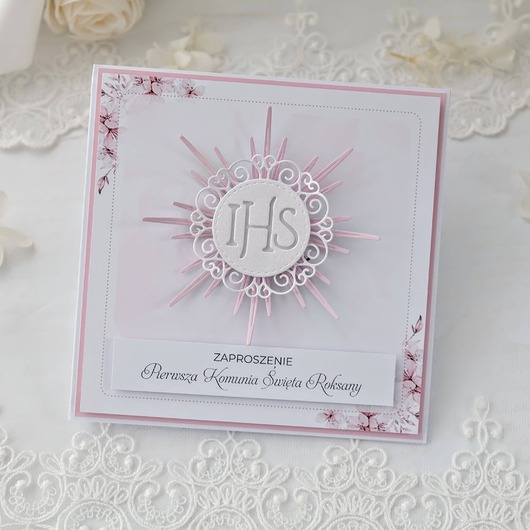 zaproszenia na komunię Zaproszenie komunijne dla dziewczynki różowe