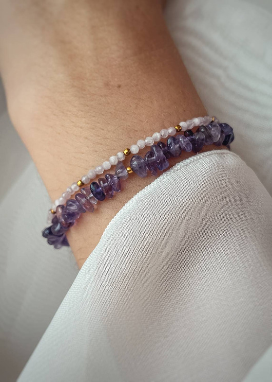 bransoletki z kamieni naturalnych Zestaw Dwóch Bransoletek z zapięciem - Ametyst, Kunzyt