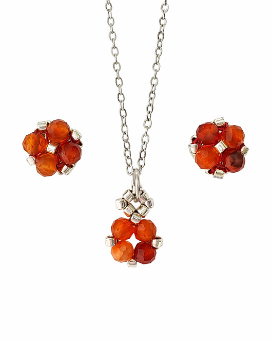 komplet biżuterii Komplet Biżuteri Karneol - Kolczyki Sztyfty i Naszyjnik