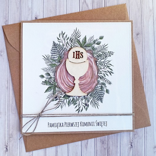 kartki na komunię Kartka z życzeniami : I Komunia Święta : hostia : drewno