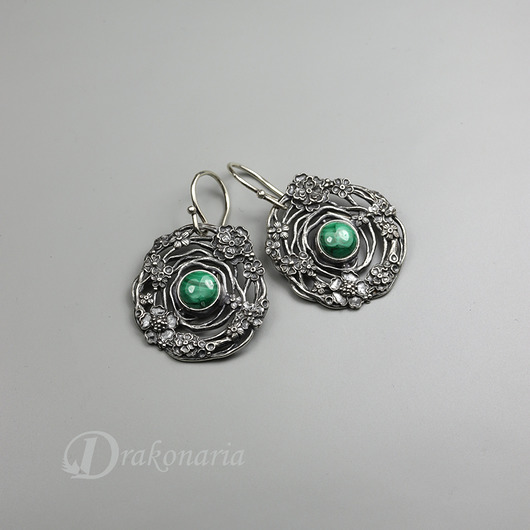 kolczyki wire wrapping Srebrne wianki - malachit