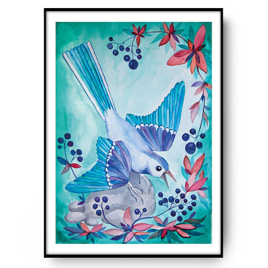 BLUEBERRY BIRD  ilustracja drukowana muamua design