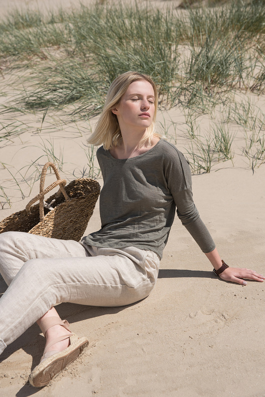 bluzki z długim rękawem damskie Lniana bluzka dzianinowa szałwiowa zieleń