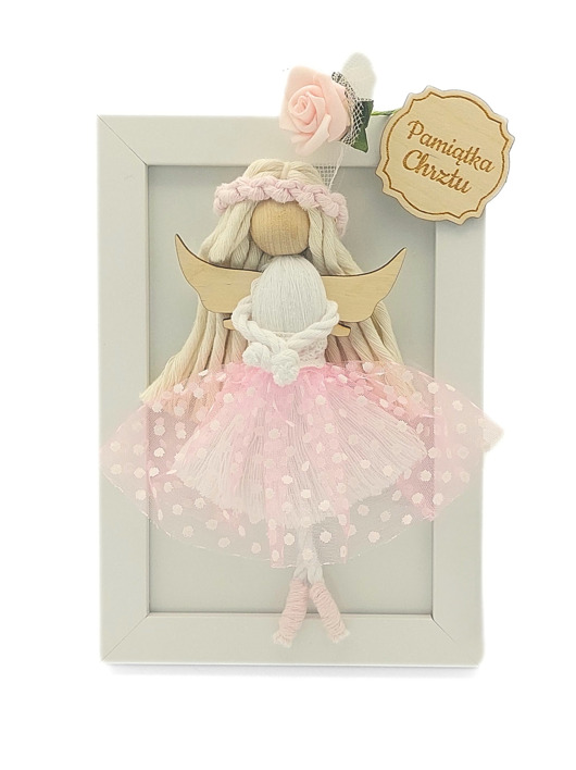 makramy Aniołek w ramce róż 15cm
