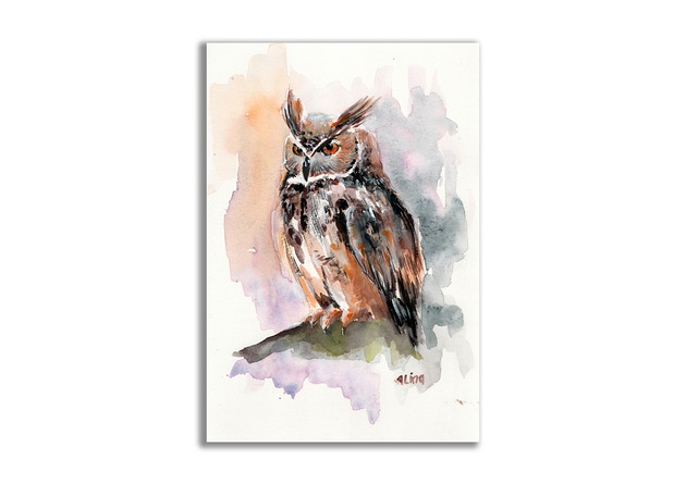 grafiki i ilustracje Akwarela ręcznie malowana "Sowa" ptaki