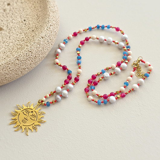 wisiory Naszyjnik na sznurku słońce kamień rzeczny, agat, jadeit, perły