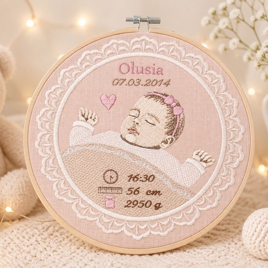 obrazy i plakaty do pokoju dziecięcego Haftowana personalizowana metryczka, pamiątka narodzin w oprawie 20 cm