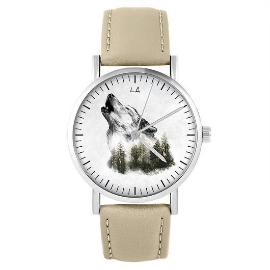 zegarki unisex Zegarek yenoo - Wilk - skórzany, beżowy