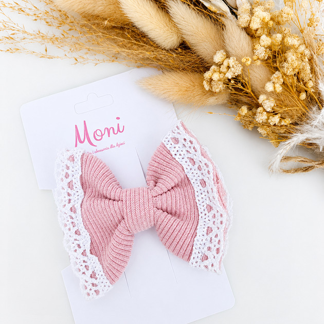 ozdoby do włosów dla dzieci Spinka do włosów Lace Bow, kokarda z koronką - pudrowy róż