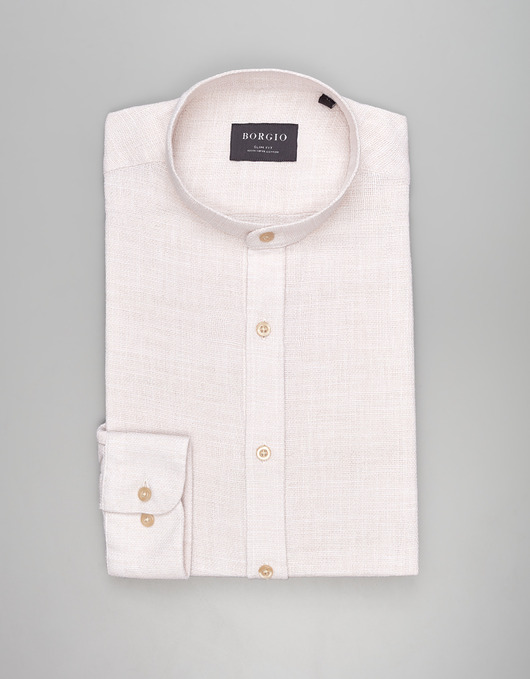 koszule męskie Koszula limido ze stójką 00558 długi rękaw beżowy slim fit