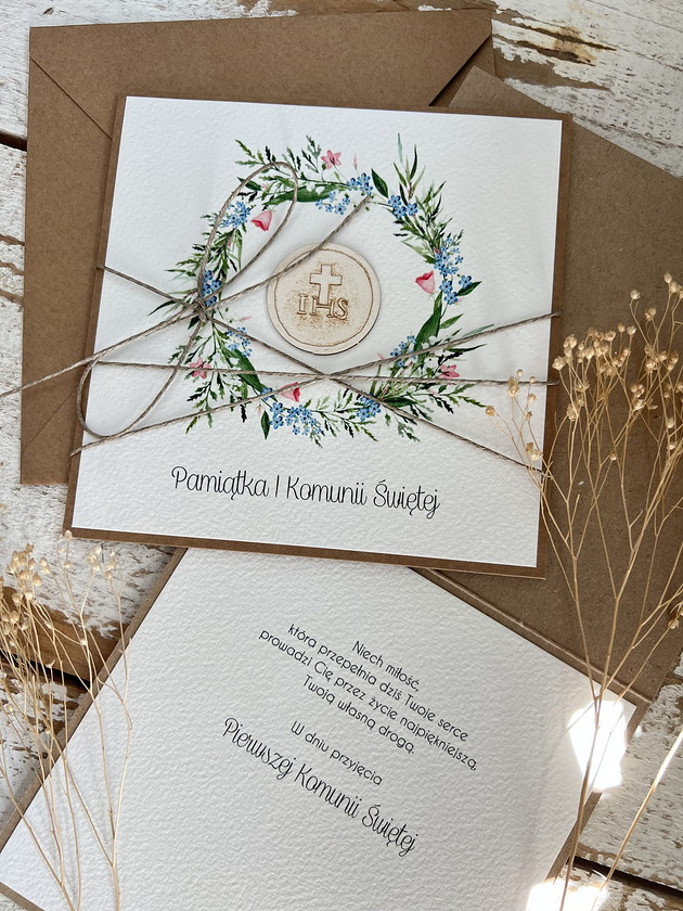 kartki na komunię Ręcznie robiona kartka na komunię z życzeniami