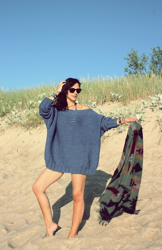 swetry damskie  Sweter handmade oversize  blue z wełną