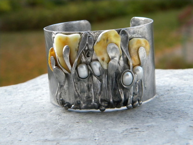 bransoletki wire wrapping Bursztyny mleczne -  bransoleta mankiet CUFF