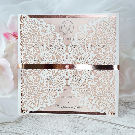 Zaproszenia ślubne na ślub rose gold białe laserowanki